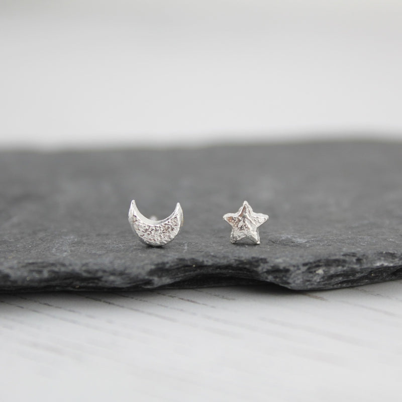 Handmade Sterling Silver Mis-Match Mini Moon and Star Studs - Popular