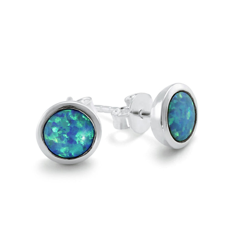 Round Blue Opalite Stud Earrings - Silver