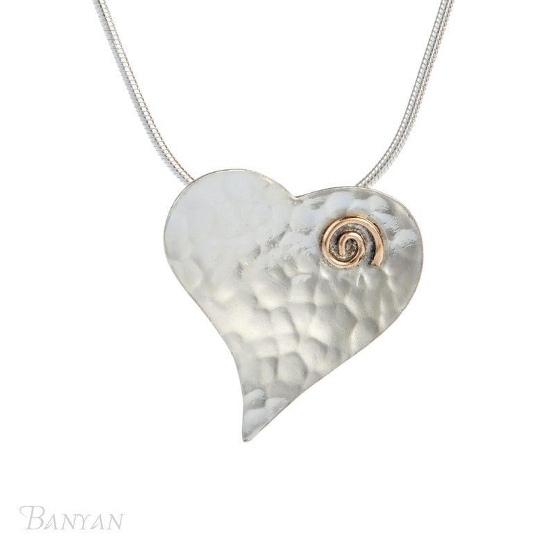 Silver Hammered Heart Necklace With Gold Fill Spiral Detail