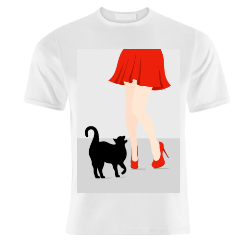 Designer Ladies T-SHIRT - BLACK CAT & HIGH HEELS
