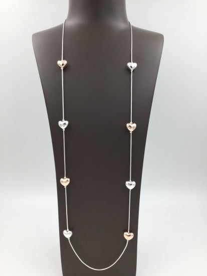 Beautiful  Long Costume Necklace With Hearts - Silver and Gold